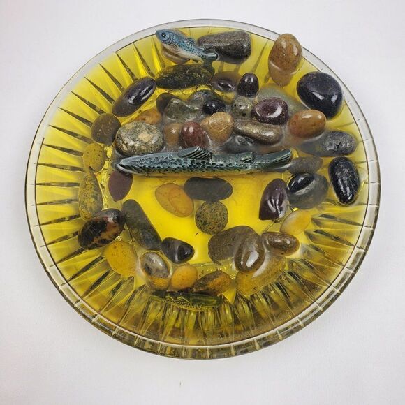 Hand Crafted Other - Vintage Embedded Raised Fish River Rock Clear Ribbed Glass‎ Dish Paperweight